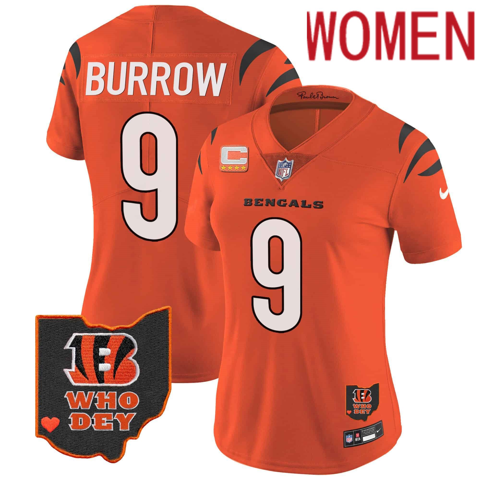Women Cincinnati Bengals #9 Burrow Orange 2024 Nike Patch Vapor Limited NFL Jersey